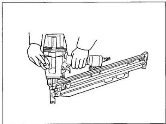 Line drawing of a hand using a fastener to install a mechanical component (no text or symbols present)