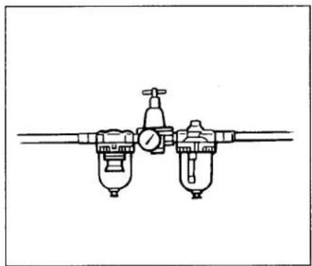 Pure mechanical diagram of a pressure regulator assembly without any text or symbols