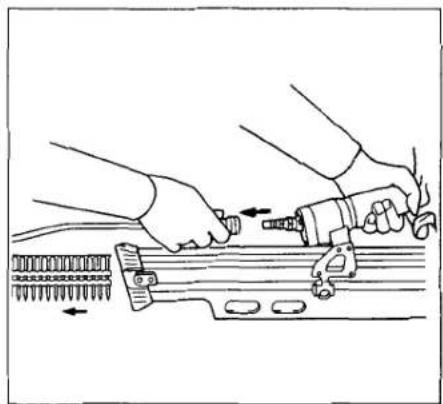Illustration of hands using a tool to adjust a rifle, showing motion arrows (no text or symbols)