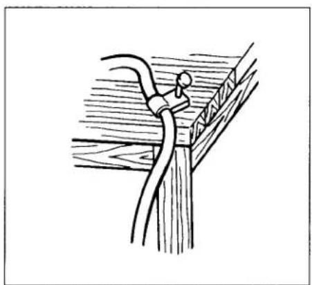 Simple line drawing of a rope tied to a wooden structure (no text or symbols)