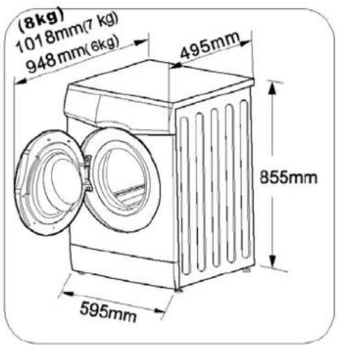 (8kg) 1018mm(7 kg) 948 mm(6kg) 495mm 855mm 595mm