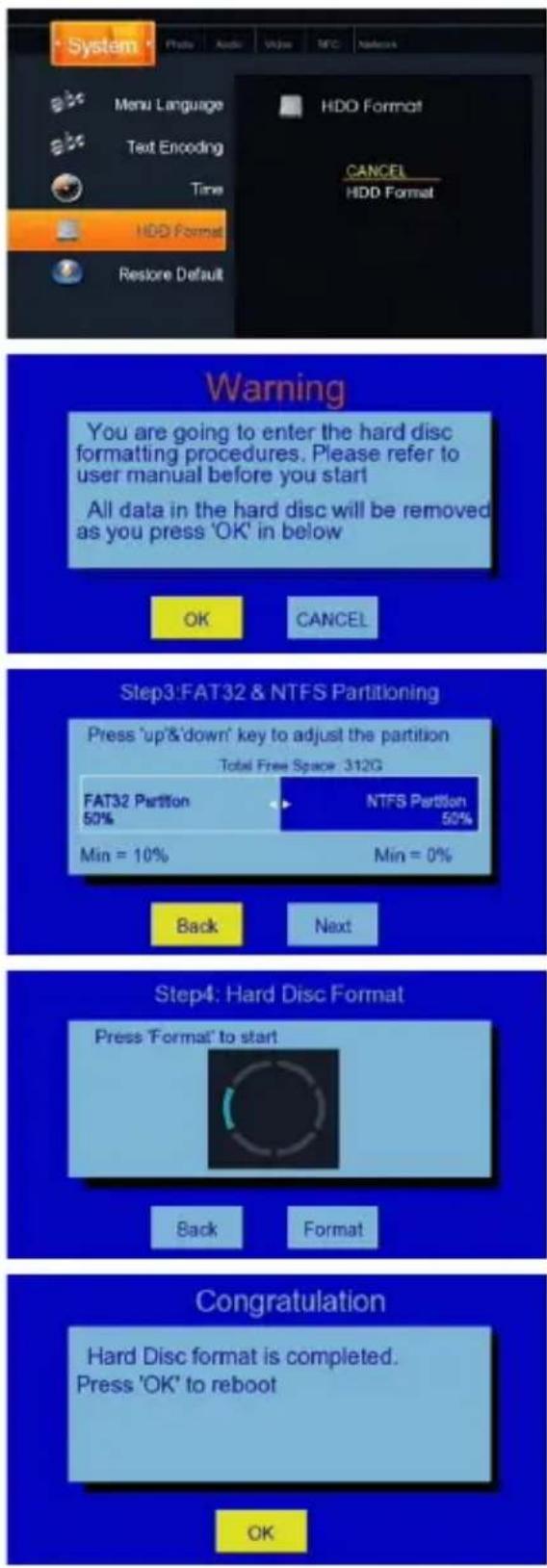 System Menu Language Text Encoding Time HDD Format Restore Default HDD Format CANCEL HDD Format Warning You are going to enter the hard disc formatting procedures. Please refer to user manual before you start All data in the hard disc will be removed as you press 'OK' in below OK CANCEL Step3:FAT32…
