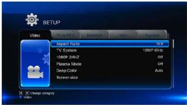 SETUP Video TV & REC Network Misc System Asped Ratio 16:9 TV System 1080P 60Hz 1080P 24HZ Off Plasma Mode Off Deep Color Auto Screen size Change category Video