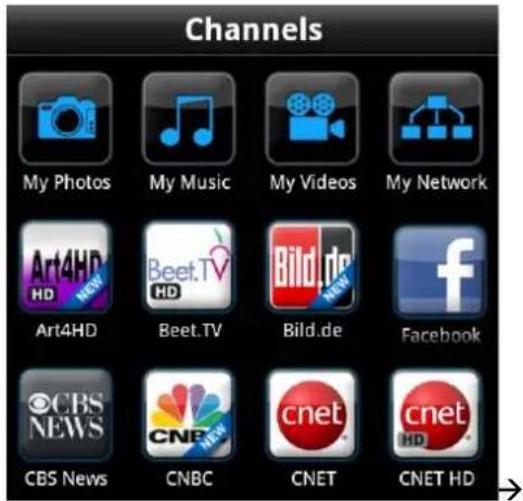 Channels My Photos My Music My Videos My Network Art4HD Beet.TV Bild.de Facebook CBS News CNBC CNET CNET HD