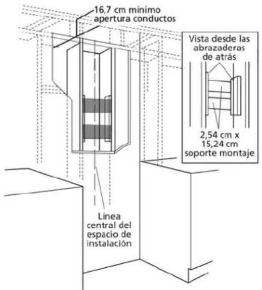 16,7 cm mínimo apertura conductos Vista desde las abrazaderas de atrás 2,54 cm x 15,24 cm soporte montaje Línea central del espacio de instalación