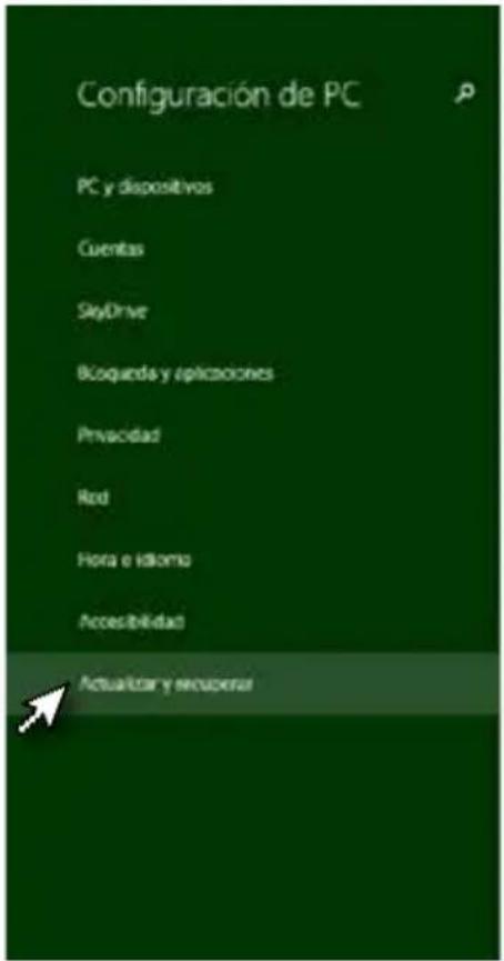 Configuración de PC PC y dispositivos Cuentas SkyDrive Bocquada y aplicaciones Privacidad Red Hora e idioma Accesibilidad Actuarizar y recuerar