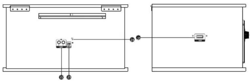 Technical diagram showing two electrical or electronic components connected by wires labeled 22, 23, and 24 to a terminal block with a USB port.