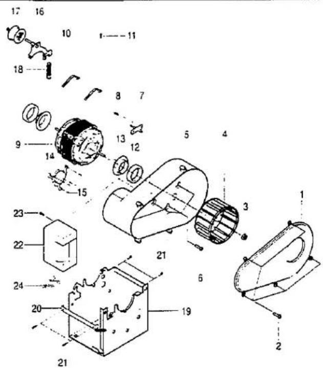 Exploded view diagram of an electric motor with numbered parts and exploded view