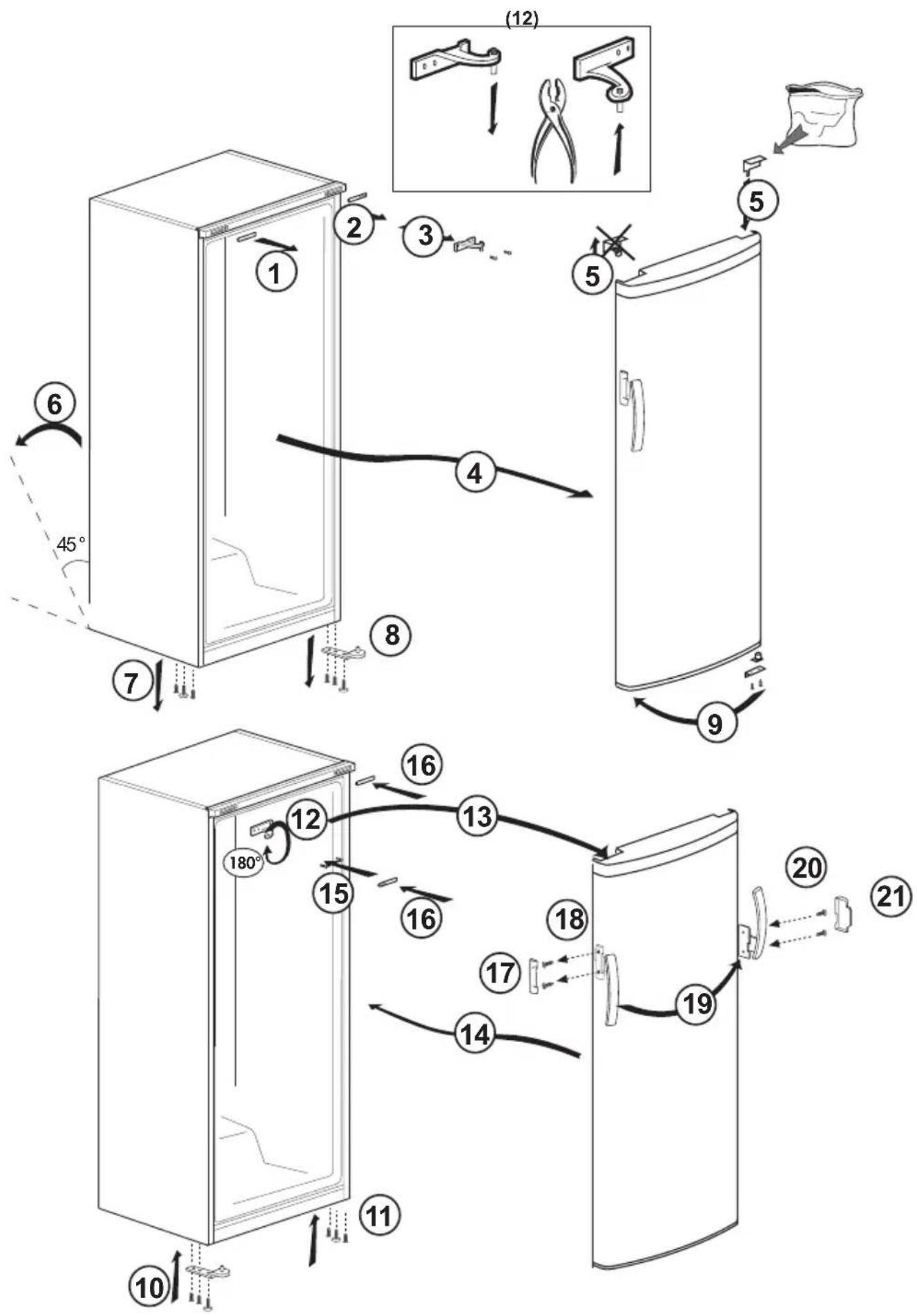 Diagram illustrating the step-by-step installation of a refrigerator with numbered instructions and angle annotations.