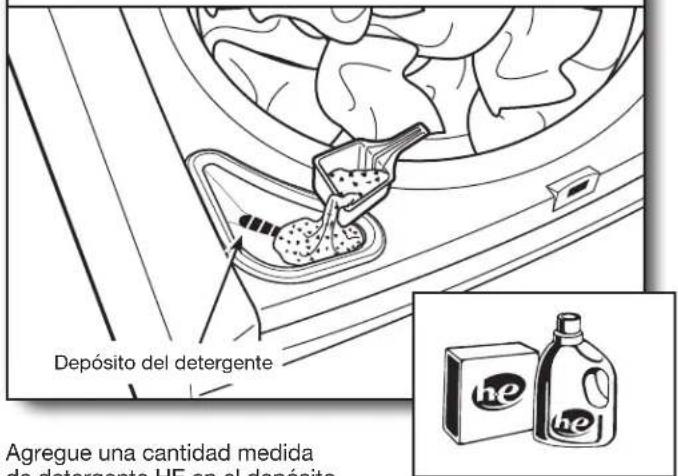 Depósito del detergente Agregue una cantidad medida de detergente HE en el depósito