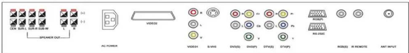 CEN SUR-L SUR-R SUB-W L R [+] [-] SPEAKER OUT AC POWER VIDEO2 R L V B Cr B P1 L C8 L P9 Y Y T RS-232C RGB(P) RGB(S) IR REMOTE ANT INPUT