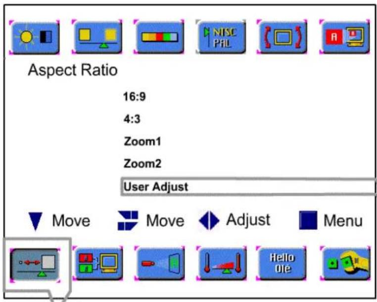 Aspect Ratio 16:9 4:3 Zoom1 Zoom2 User Adjust Move Move Adjust Menu