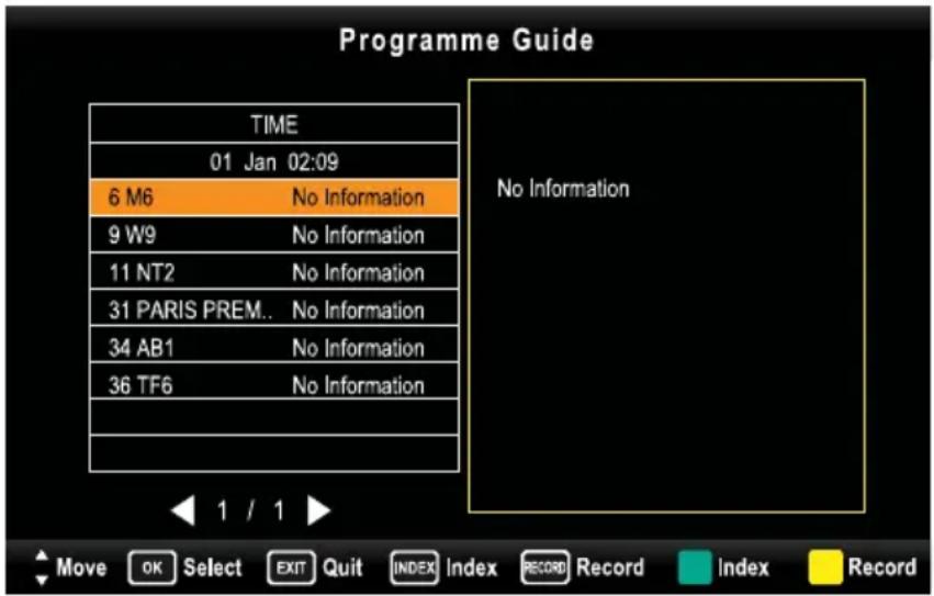 Programme Guide TIME 01 Jan 02:09 6 M6 No Information 9 W9 No Information 11 NT2 No Information 31 PARIS PREM.. No Information 34 AB1 No Information 36 TF6 No Information 1 / 1 Move OK Select EXIT Quit INDEX Index RECORD Record Index Record