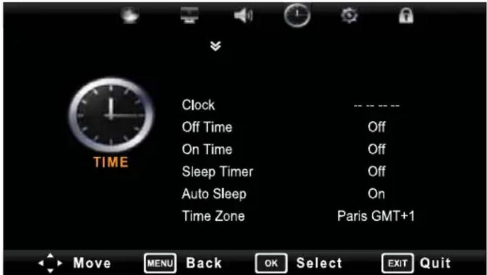 TIME Clock Off Time On Time Sleep Timer Auto Sleep Time Zone --- --- -- Off Off Off On Paris GMT+1 Move MENU Back OK Select EXIT Quit