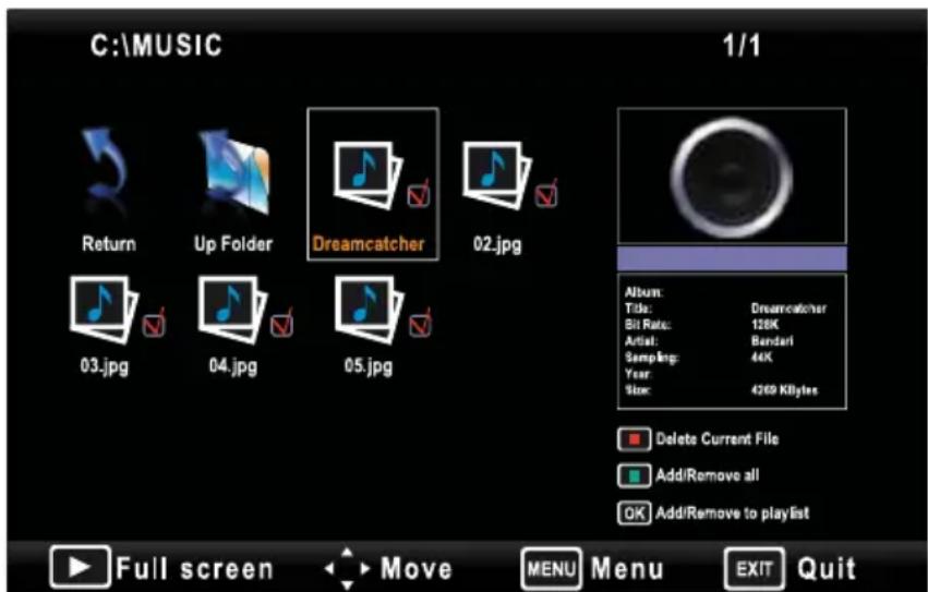C:\MUSIC 1/1 Return Up Folder Dreamcatcher 02.jpg 03.jpg 04.jpg 05.jpg Album: Title: Dreamcatcher Bit Rate: 128K Artial: Bandari Sampling: 44K Year: Size: 4269 KBytes Delete Current File Add/Remove all Add/Remove to playlist Full screen Move MENU Menu EXIT Quit