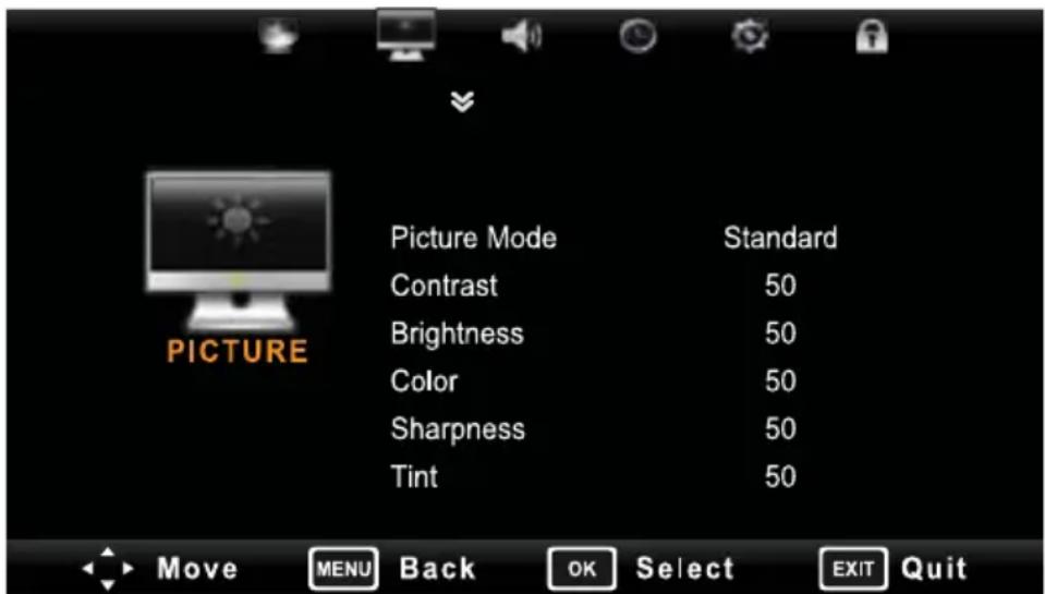Picture Mode Standard Contrast 50 Brightness 50 Color 50 Sharpness 50 Tint 50 MOVE MENU Back OK Select EXIT Quit