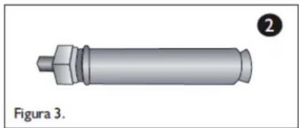 3D rendered mechanical component with hexagonal end and cylindrical body, labeled Figura 3.
