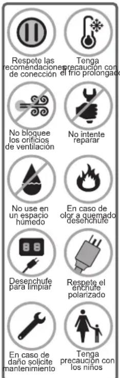 Respete las recomendaciones de conección Tenga precaución con el frío prolongado No bloquee los críticios de ventilación No intente reparar No use en un espacio humedo En caso de olar a quemado desenchufe Desenchufe para limpiar Respete el enchufe polarizado En caso de daño solicite mantenimiento Te…