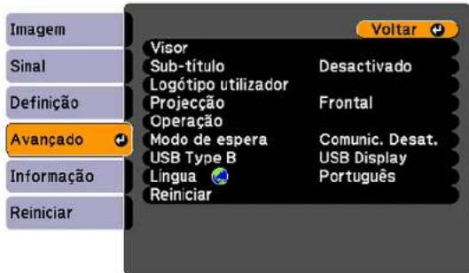 Imagem Sinal Definição Avançado Informação Reiniciar Visor Sub-título Logótipo utilizador Projecção Operação Modo de espera USB Type B Língua Reiniciar Desactivado Frontal Comunic. Desat. USB Display Português Voltar