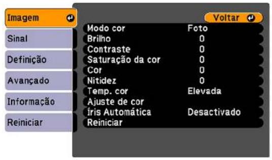 Imagem Sinal Definição Avançado Informação Reiniciar Modo cor Foto Briho 0 Contraste 0 Saturação da cor 0 Cor 0 Nitidez 0 Temp. cor Elevada Ajuste de cor Íris Automática Desactivado Reiniciar