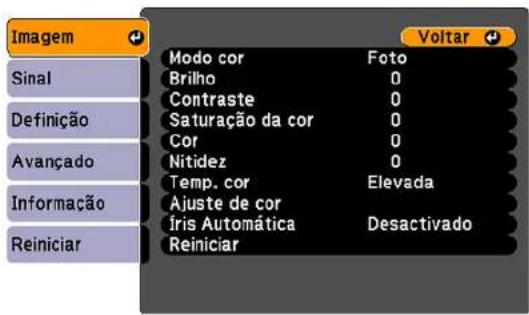 Imagem Sinal Definição Avançado Informação Reiniciar Modo cor Foto Briho 0 Contraste 0 Saturação da cor 0 Cor 0 Nitidez 0 Temp. cor Elevada Ajuste de cor Íris Automática Desactivado Reiniciar