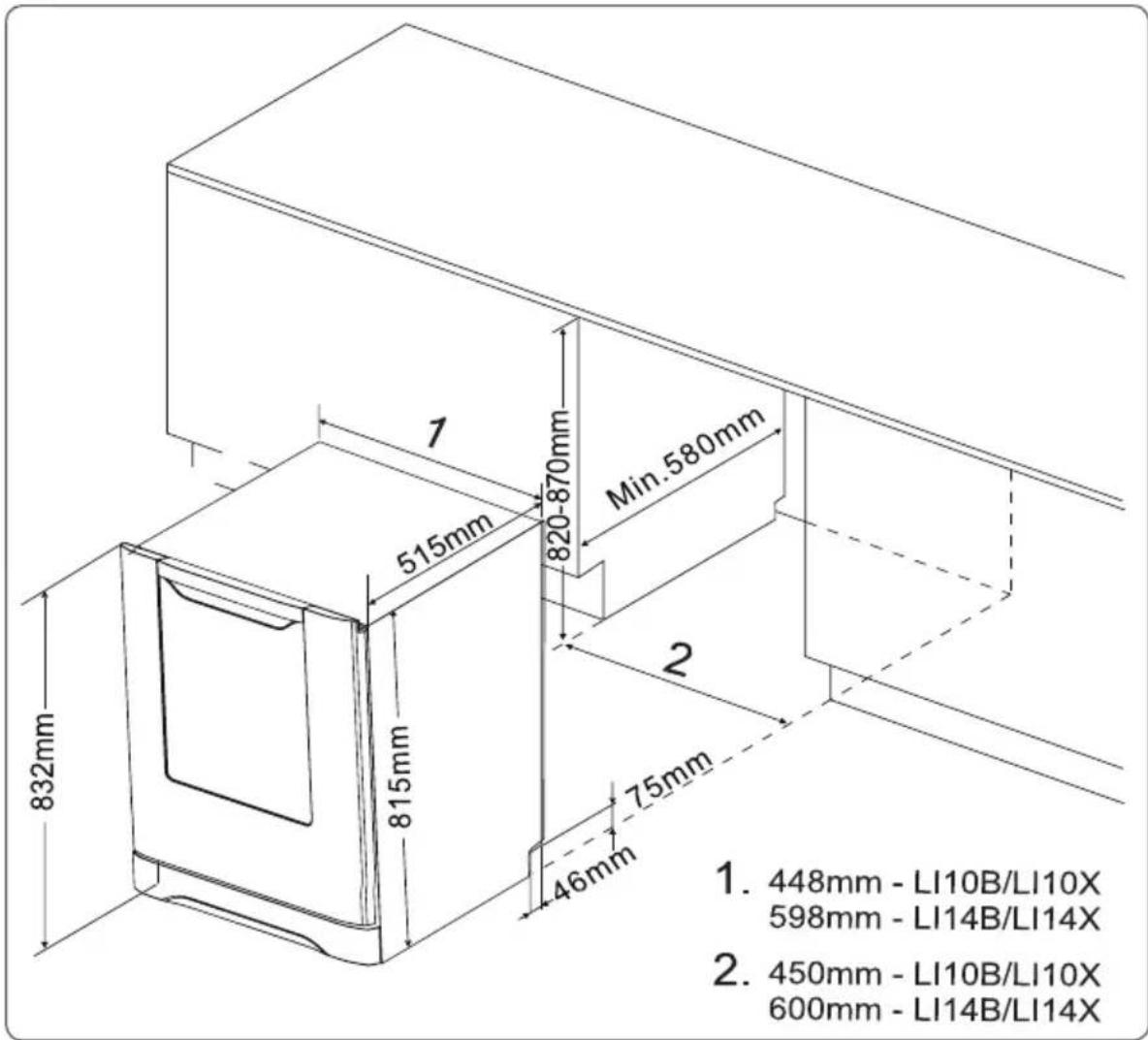 1 515mm 832mm 815mm 820-870mm Min.580mm 2 75mm 46mm 448mm - LI10B/LI10X 598mm - LI14B/LI14X 2. 450mm - LI10B/LI10X 600mm - LI14B/LI14X