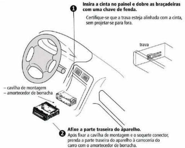 Insira a cinta no painel e dobre as braçadeiras com uma chave de fenda. Certifique-se que a trava esteja alinhada com a cinta, sem projetar-se para fora. trava – cavilha de montagem – amortecedor de borracha Afixe a parte traseira do aparelho. • Após fixar a cavilha de montagem e o soquete conector, prenda a parte traseira do aparelho à carroceria do carro com o amortecedor de borracha.