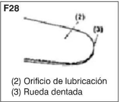 F28 (2) (3) (2) Orificio de lubricación (3) Rueda dentada