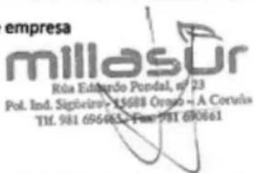 empresa millasur Ria Eduardo Ponda, no 23 Pol. Ind. Sigibeiru-15688 Oyojo - A Coruís Tlf. 981 696465 - Fax: 981 690661