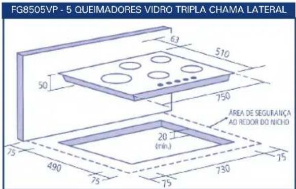 FG8505VP - 5 QUEIMADORES VIDRO TRIPLA CHAMA LATERAL 6,3 510 50 750 AREA DE SEGURANÇA AD REDOR DO NICHIO 20 (min.) 75 490 75 730 75