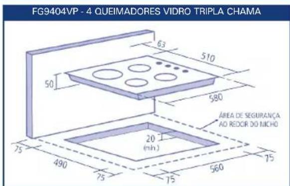 FG9404VP - 4 QUEIMADORES VIDRO TRIPLA CHAMA 63 510 580 50 75 490 75 20 (min.) 560 75 ÁREA DE SEGURANÇA AO REDOR DO MCHO