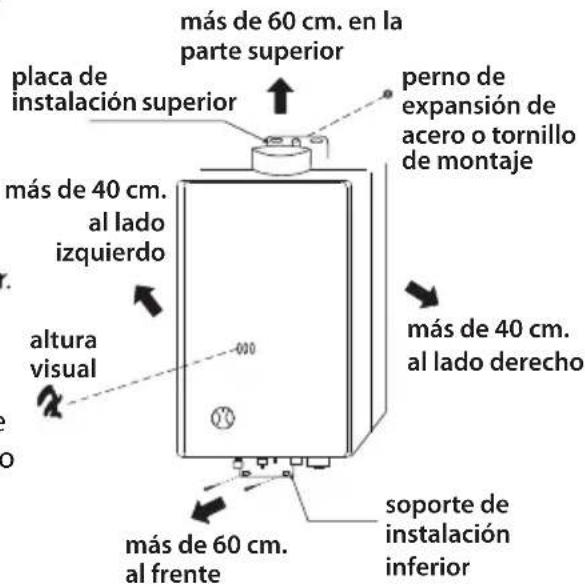 más de 60 cm. en la parte superior placa de instalación superior perno de expansión de acero o tornillo de montaje más de 40 cm. al lado izquierdo altura visual más de 40 cm. al lado derecho más de 60 cm. al frente soporte de instalación inferior