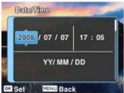 Date/Time 2008 / 07 / 07 17 : 05 YY/ MM / DD OK Set MENU Back