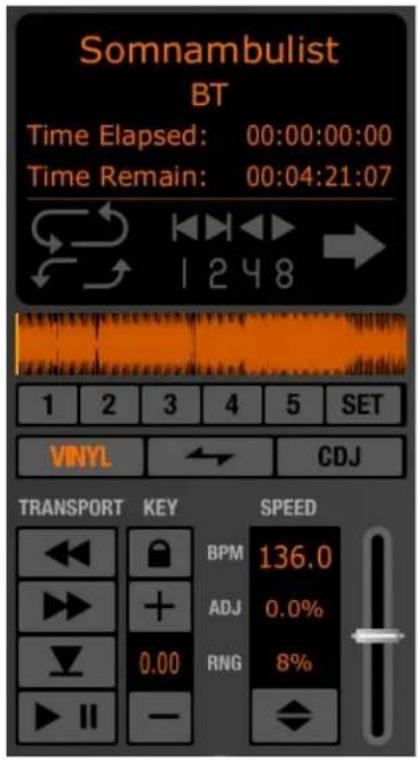 Somnambulist BT Time Elapsed: 00:00:00:00 Time Remain: 00:04:21:07 1 2 3 4 5 SET VNYL CDJ TRANSPORT KEY SPEED ←→ BPM 136.0 + ADJ 0.0% ↓ 0.00 RNG 8% ► II —