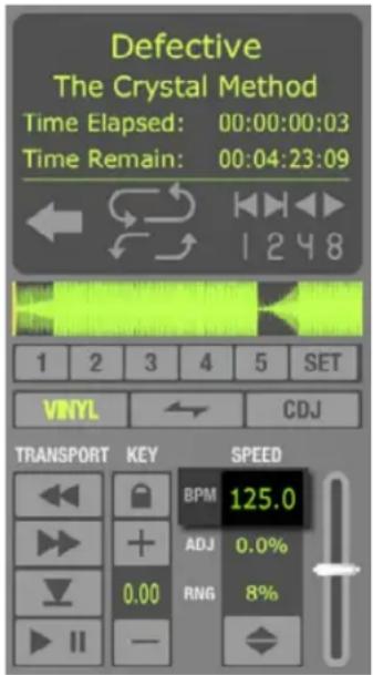 Defective The Crystal Method Time Elapsed: 00:00:00:03 Time Remain: 00:04:23:09 1 2 3 4 5 SET VNYL CDJ TRANSPORT KEY SPEED BPM 125.0 ADJ 0.0% RNG 8%