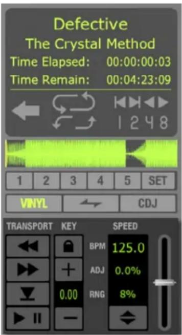 Defective The Crystal Method Time Elapsed: 00:00:00:03 Time Remain: 00:04:23:09 1 2 3 4 5 SET VINYL CDJ TRANSPORT KEY SPEED ←→ BPM 125.0 + ADJ 0.0% ↓ 0.00 RNG 8% ► II —
