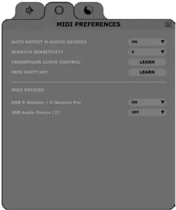 MIDI PREFERENCES AUTO-DETECT M-AUDIO DEVICES ON SCRATCH SENSITIVITY 5 CROSSPADER CURVE CONTROL LEARN MIDI SHIFT KEY LEARN MIDI DEVICES USB X-Session / X-Session Pro ON USB Audio Device [2] OFF