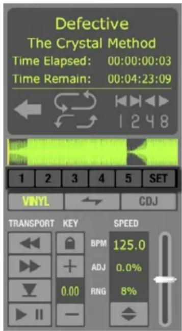 Defective The Crystal Method Time Elapsed: 00:00:00:03 Time Remain: 00:04:23:09 1 2 3 4 5 SET VINYL CDJ TRANSPORT KEY SPEED BPM 125.0 ADJ 0.0% RNG 8%