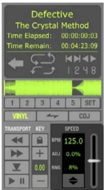 Defective The Crystal Method Time Elapsed: 00:00:00:03 Time Remain: 00:04:23:09 1 2 3 4 5 SET VINYL CDJ TRANSPORT KEY SPEED BPM 125.0 ADJ 0.0% RNG 8%