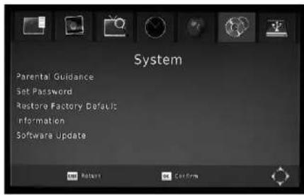 System Parental Guidance Set Password Restore Factory Default Information Software Update