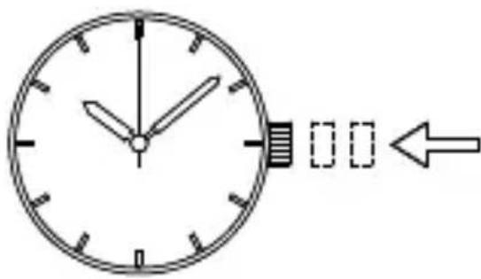 Diagram of an analog clock showing time with hour and minute hands, accompanied by a directional arrow indicating leftward movement.