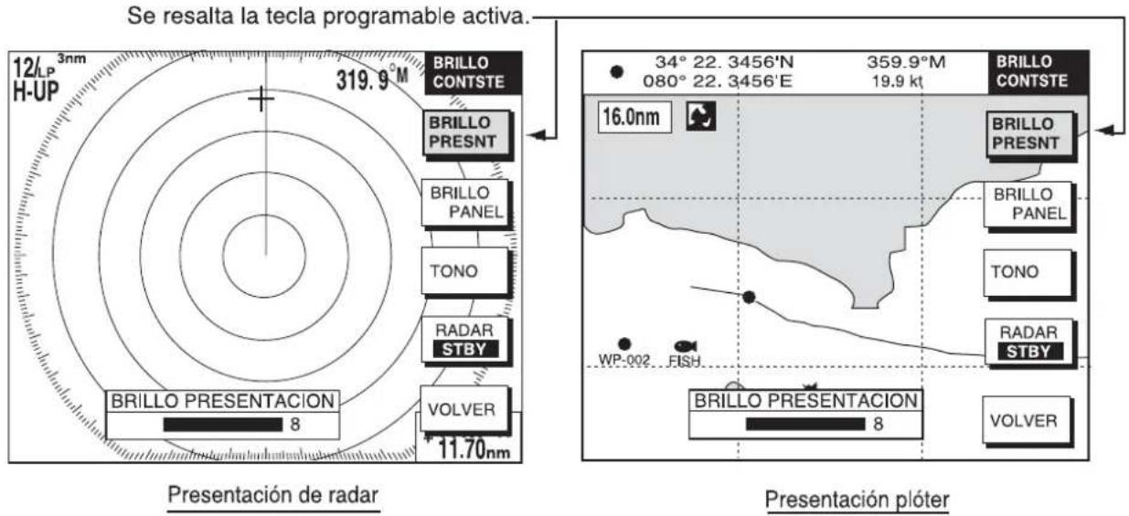 Se resalta la tecla programable activa. 12/LP 3nm H-UP 319.9°M BRILLO CONTSTE BRILLO PRESNT BRILLO PANEL TONO RADAR STBY VOLVER 11.70nm BRILLO PRESENTACION 8 Presentación de radar 34° 22. 3456'N 359.9°M 080° 22. 3456'E 19.9 kt BRILLO CONTSTE 16.0nm BRILLO PRESNT BRILLO PANEL TONO RADAR STBY WP-002 FISH BRILLO PRESENTACION 8 Presentación plóter BRILLO PRESENTACION VOLVER