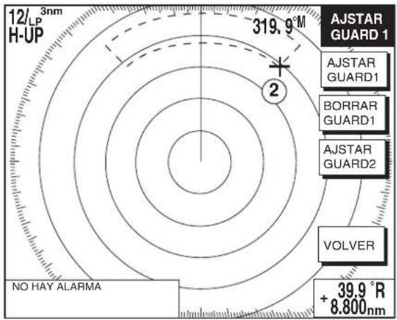12/LP 3nm H-UP 319.9°M AJSTAR GUARD 1 AJSTAR GUARD1 BORRAR GUARD1 AJSTAR GUARD2 VOLVER NO HAY ALARMA + 39.9°R + 8.800nm