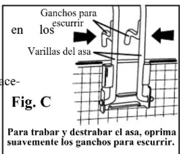 en los Ganchos para escurrir Varillas del asa ce- Fig. C Para trabar y destrabar el asa, oprimasuavemente los ganchos para escurrir.