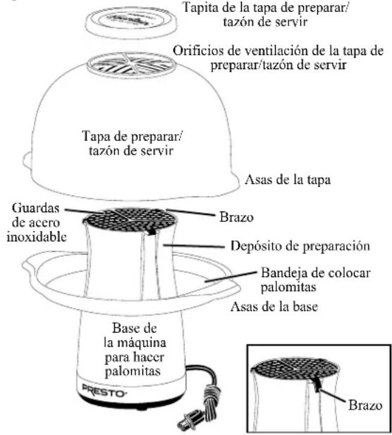 Tapita de la tapa de preparar/ tazón de servir Orificios de ventilación de la tapa de preparar/tazón de servir Tapa de preparar/ tazón de servir Asas de la tapa Guardas de acero inoxidable Brazo Depósito de preparación Bandeja de colocar palomitas Asas de la base Base de la máquina para hacer palomitas PRESTO Brazo