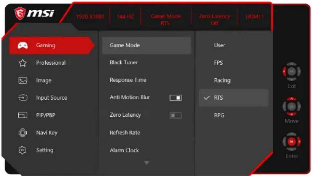 msi 1920 X1060 144 Hz Game Mode RTS Zero Latency Off HDMI 1 Gaming Game Mode User Professional Black Tuner FPS Image Response Time Racing Input Source Anti Motion Blur ✓ RTS PIP/PBP Zero Latency RPG Navi Key Refresh Rate Setting Alarm Clock Exit Move Enter
