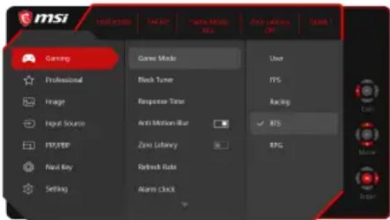 MSI Optix MPG27C-007 - The Navi Key default settings are as follows - 2
