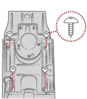 Technical diagram of a mechanical component with red dashed lines indicating connection points and a magnified inset showing a screw detail.