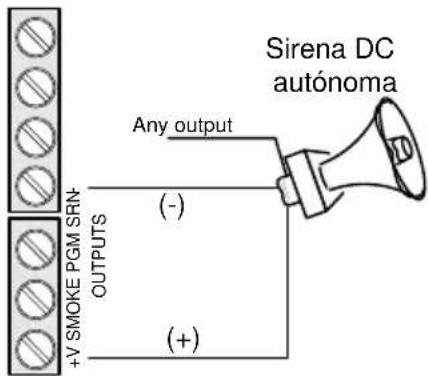 Sirena DC autónoma Any output (-) +V SMOKE PGM SRN- OUTPUTS (+)