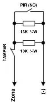 PIR (NO) 13K ¼W 10K ¼W TAMPER Zona (-)
